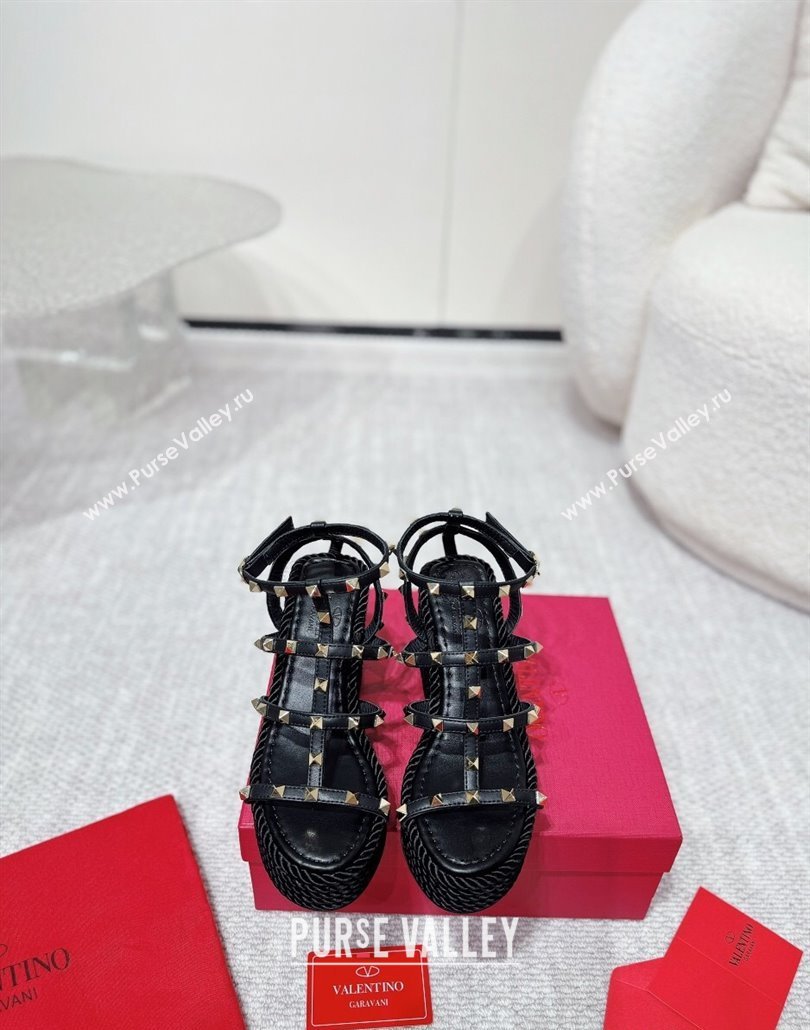Valentino Rockstud Wedge Sandals 10cm with Calfskin Strap and Rope Black 2025 VLTN042803 (MD-250428024)