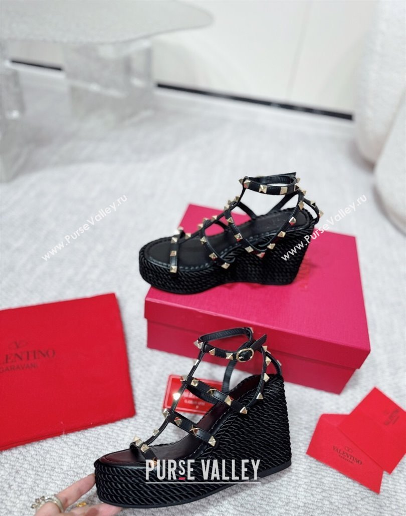 Valentino Rockstud Wedge Sandals 10cm with Calfskin Strap and Rope Black 2025 VLTN042803 (MD-250428024)