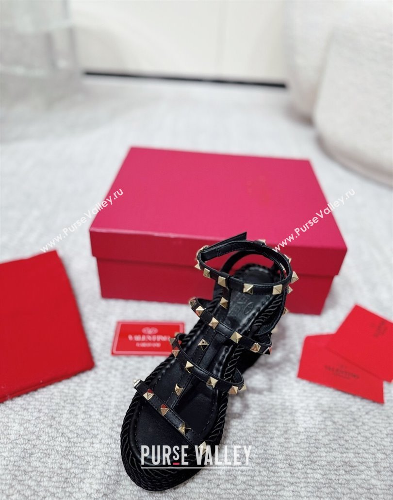 Valentino Rockstud Wedge Sandals 10cm with Calfskin Strap and Rope Black 2025 VLTN042803 (MD-250428024)