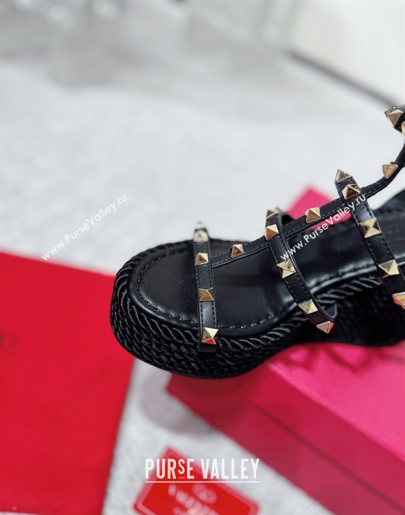 Valentino Rockstud Wedge Sandals 10cm with Calfskin Strap and Rope Black 2025 VLTN042803 (MD-250428024)
