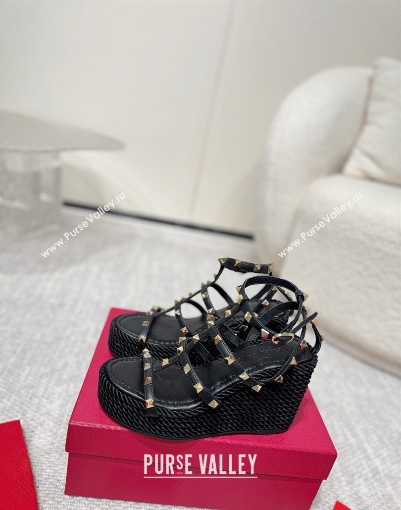 Valentino Rockstud Wedge Sandals 10cm with Calfskin Strap and Rope Black 2025 VLTN042803 (MD-250428024)