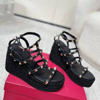 Valentino Rockstud Wedge Sandals 10cm with Calfskin Strap and Rope Black 2025 VLTN042803 (MD-250428024)