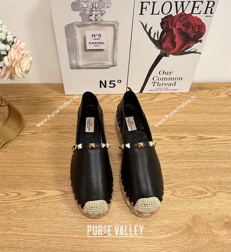 Valentino Rockstud Platform Espadrilles 2cm in Grained Calfskin Black 2025 0426 (JD-250426098)