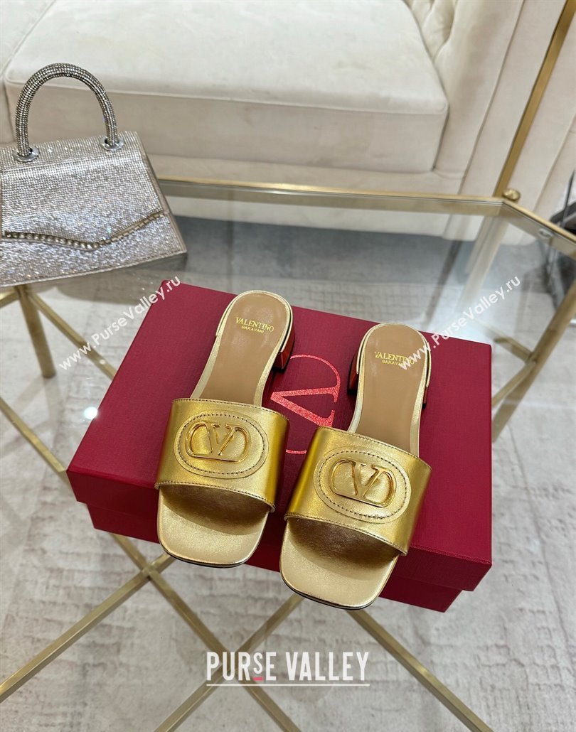 Valentino VLogo Signature Patch Calfskin Heel Slides Sandal 3cm Gold 2025 (MD-250428025)