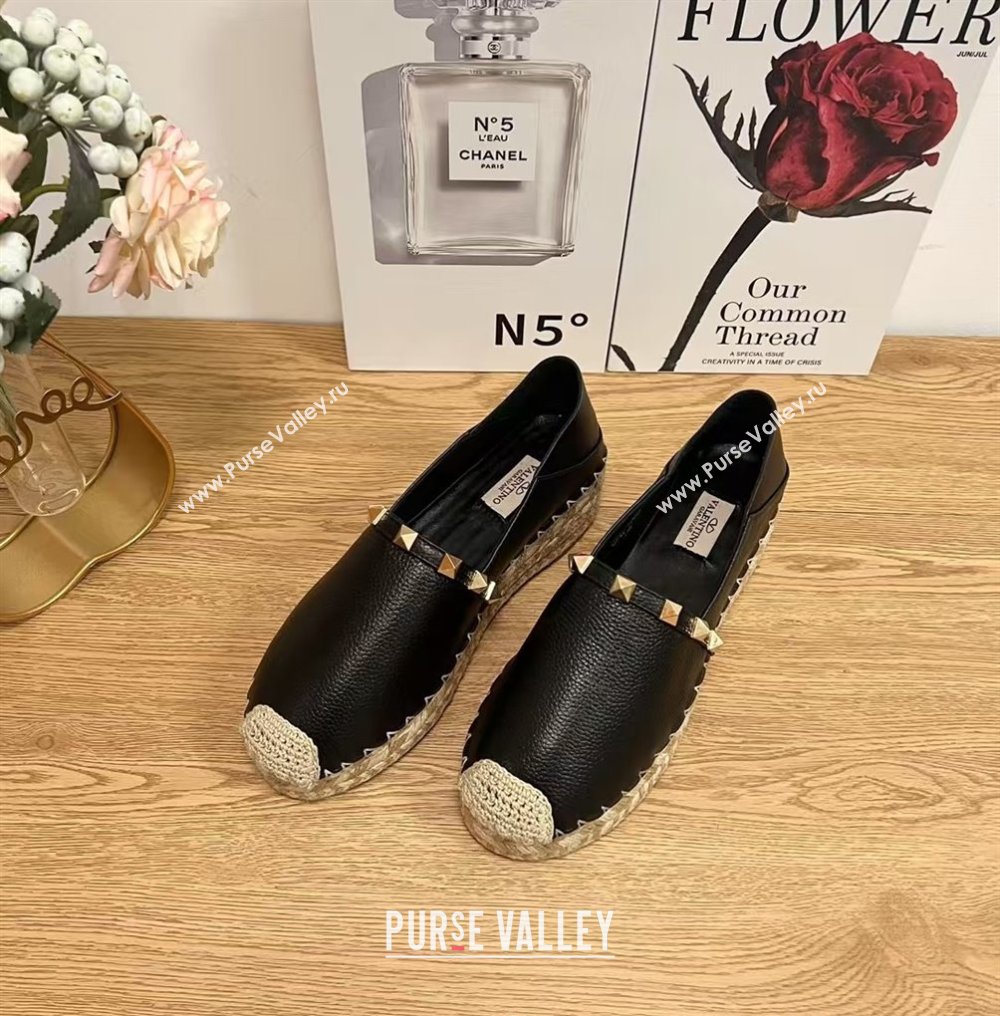 Valentino Rockstud Platform Espadrilles 2cm in Grained Calfskin Black 2025 0426 (JD-250426098)