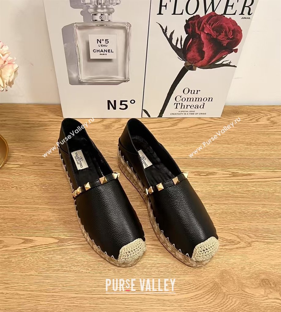 Valentino Rockstud Platform Espadrilles 2cm in Grained Calfskin Black 2025 0426 (JD-250426098)