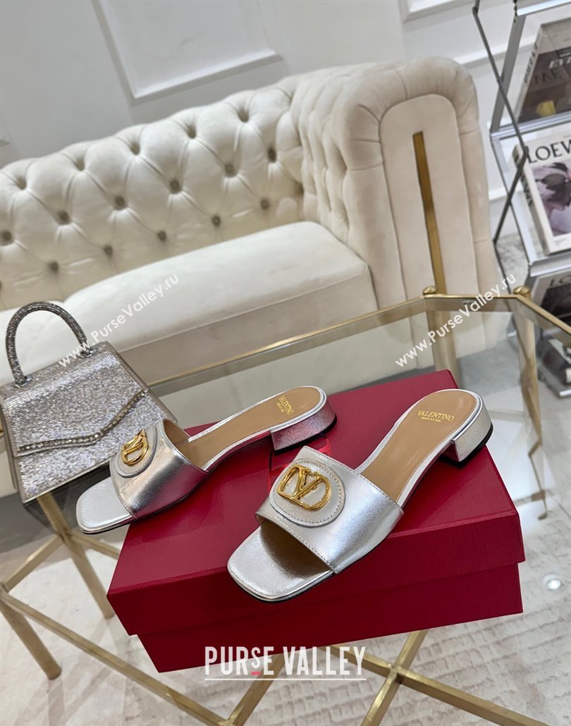 Valentino VLogo Signature Patch Calfskin Heel Slides Sandal 3cm Silver 2025 (MD-250428031)
