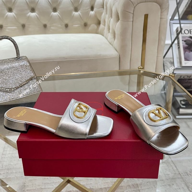 Valentino VLogo Signature Patch Calfskin Heel Slides Sandal 3cm Silver 2025 (MD-250428031)