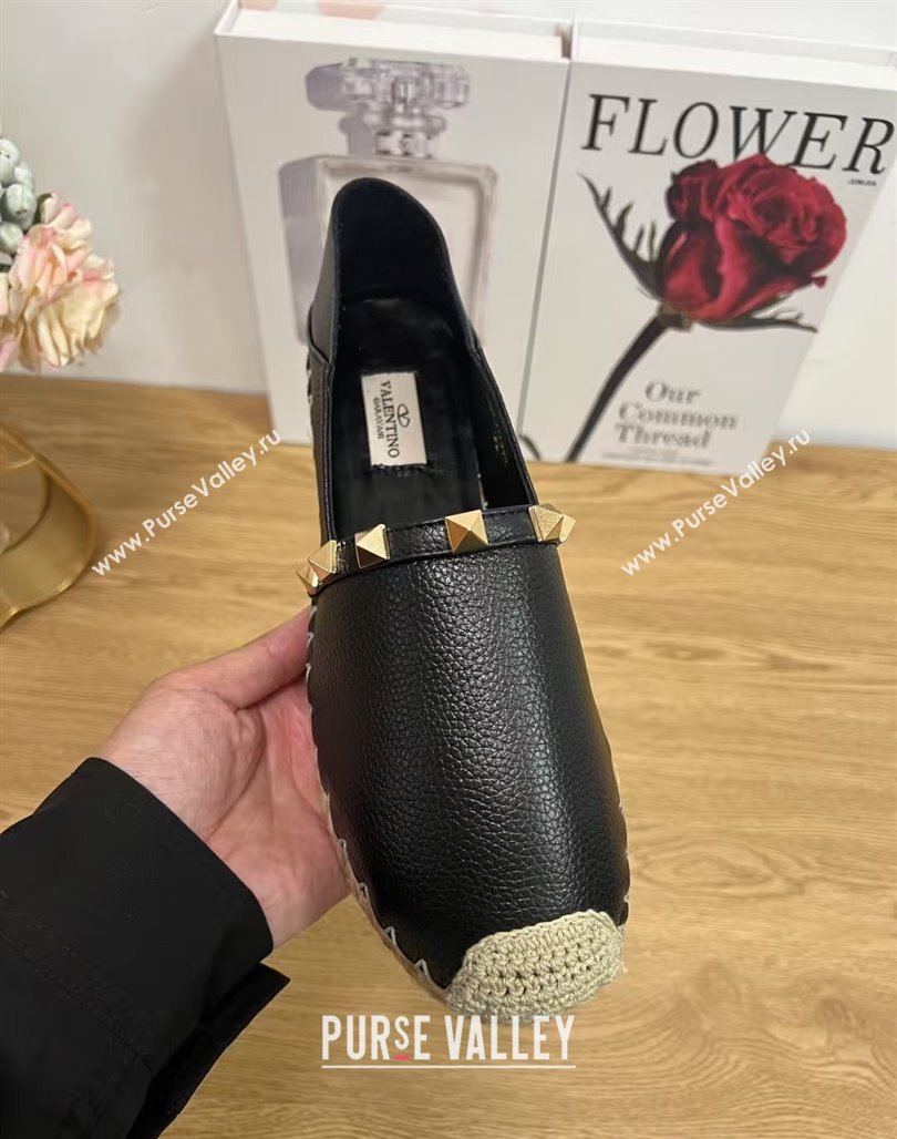 Valentino Rockstud Platform Espadrilles 2cm in Grained Calfskin Black 2025 0426 (JD-250426098)