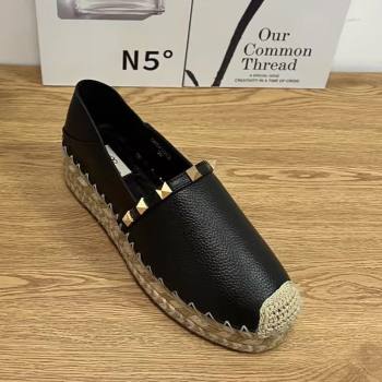 Valentino Rockstud Platform Espadrilles 2cm in Grained Calfskin Black 2025 0426 (JD-250426098)
