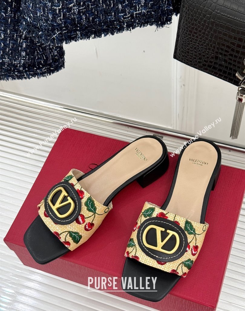 Valentino VLogo Signature Cherryfic Heel Slides Sandal 3cm in Jacquard Synthetic Raffia Black 2025 (MD-250428034)
