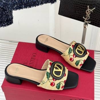 Valentino VLogo Signature Cherryfic Heel Slides Sandal 3cm in Jacquard Synthetic Raffia Black 2025 (MD-250428034)