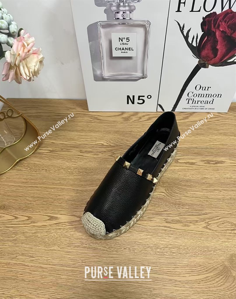 Valentino Rockstud Platform Espadrilles 2cm in Grained Calfskin Black 2025 0426 (JD-250426098)