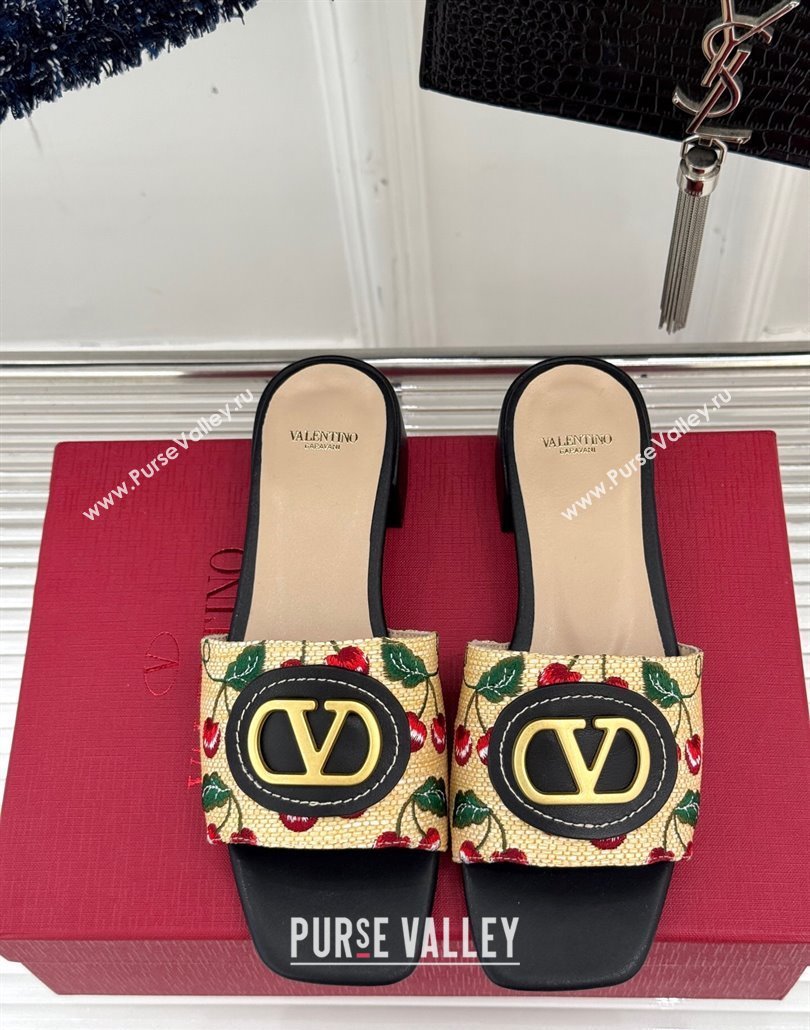 Valentino VLogo Signature Cherryfic Heel Slides Sandal 3cm in Jacquard Synthetic Raffia Black 2025 (MD-250428034)