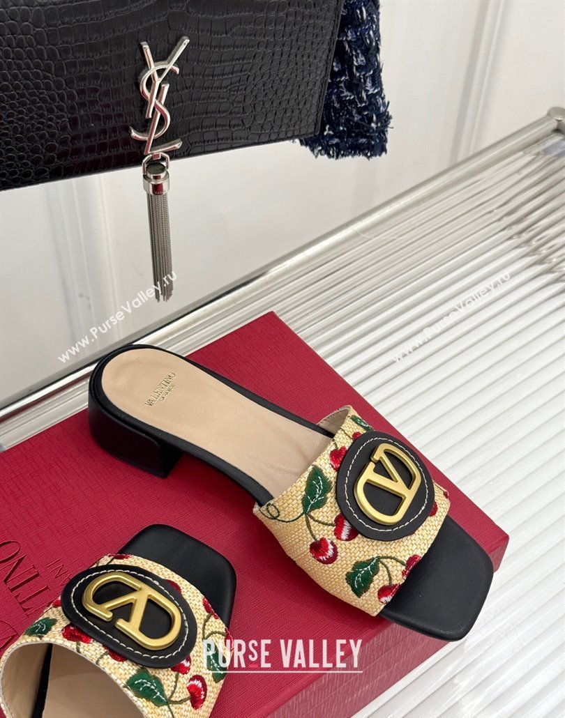 Valentino VLogo Signature Cherryfic Heel Slides Sandal 3cm in Jacquard Synthetic Raffia Black 2025 (MD-250428034)