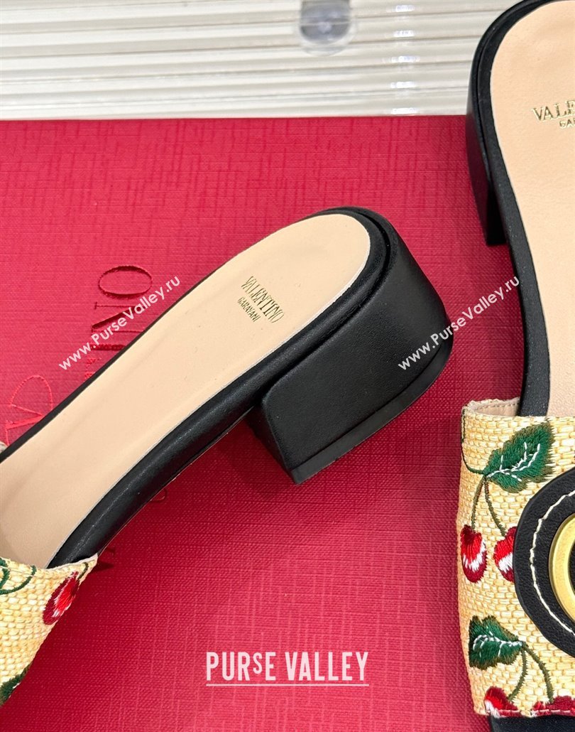 Valentino VLogo Signature Cherryfic Heel Slides Sandal 3cm in Jacquard Synthetic Raffia Black 2025 (MD-250428034)