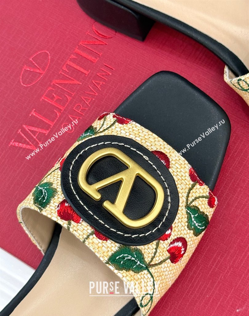 Valentino VLogo Signature Cherryfic Heel Slides Sandal 3cm in Jacquard Synthetic Raffia Black 2025 (MD-250428034)