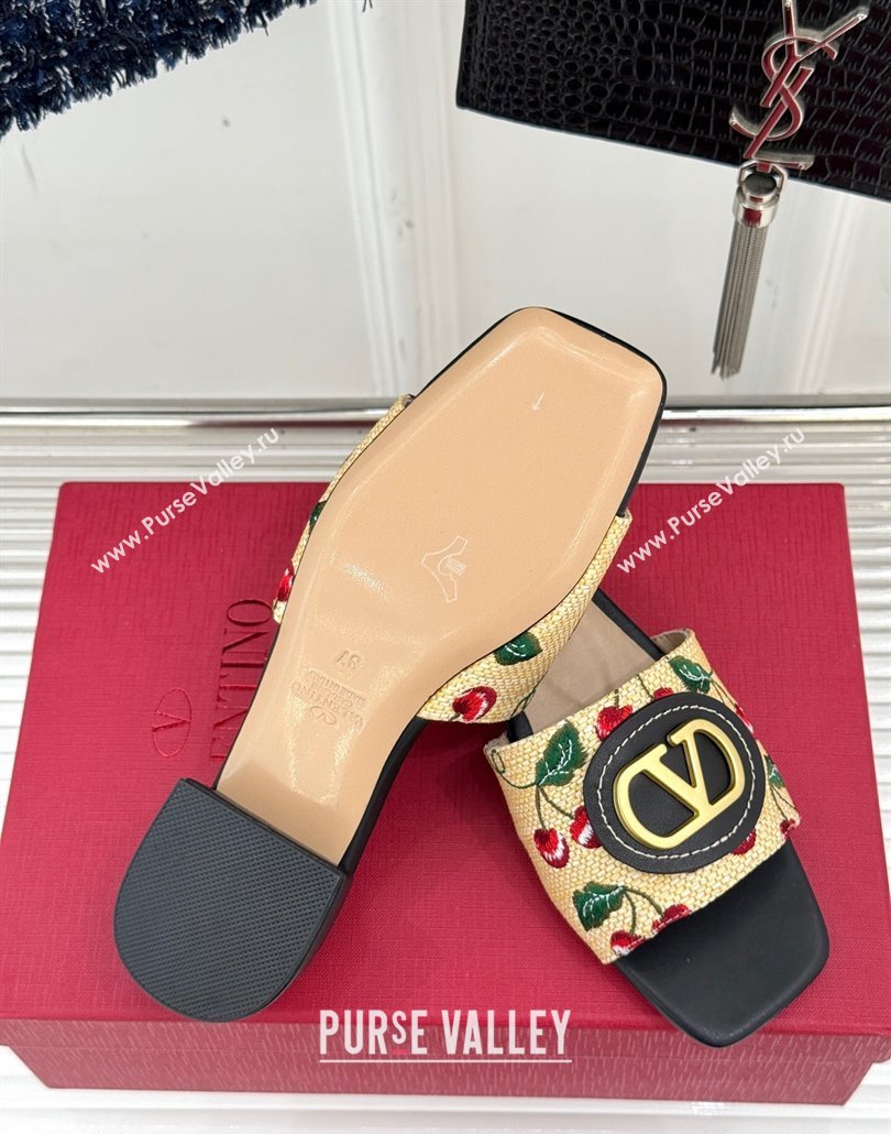 Valentino VLogo Signature Cherryfic Heel Slides Sandal 3cm in Jacquard Synthetic Raffia Black 2025 (MD-250428034)