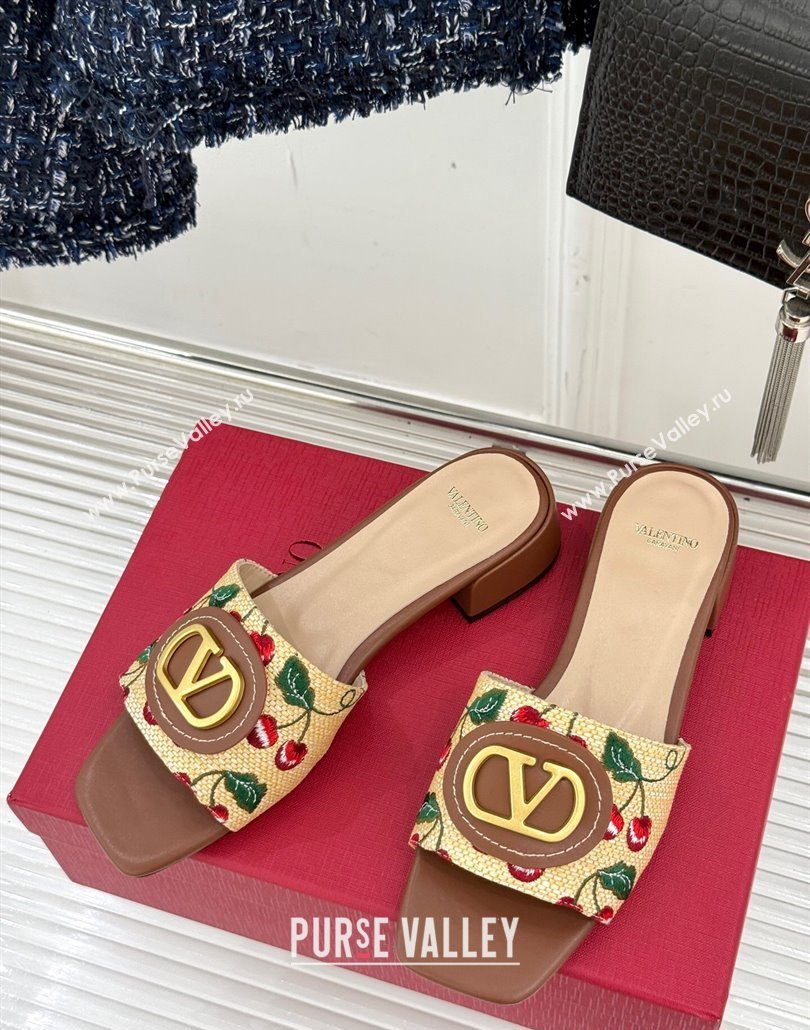 Valentino VLogo Signature Cherryfic Heel Slides Sandal 3cm in Jacquard Synthetic Raffia Brown 2025 (MD-250428035)