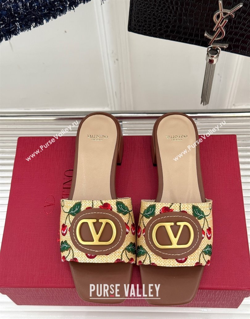 Valentino VLogo Signature Cherryfic Heel Slides Sandal 3cm in Jacquard Synthetic Raffia Brown 2025 (MD-250428035)
