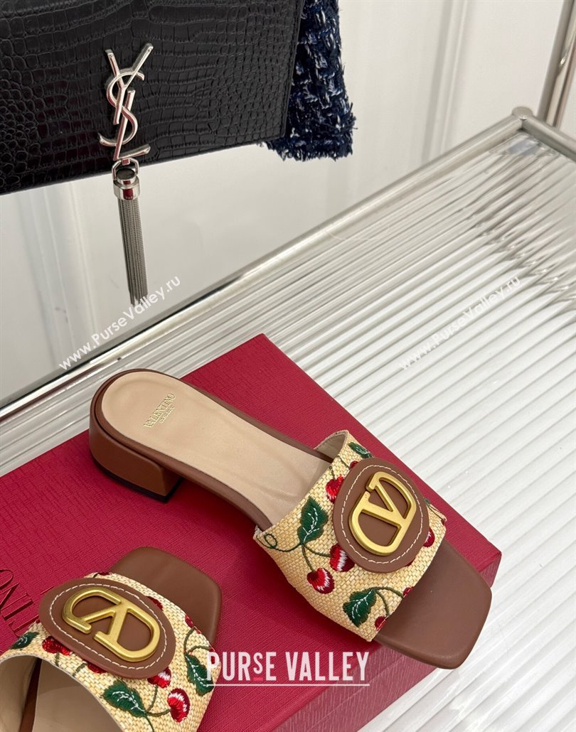 Valentino VLogo Signature Cherryfic Heel Slides Sandal 3cm in Jacquard Synthetic Raffia Brown 2025 (MD-250428035)