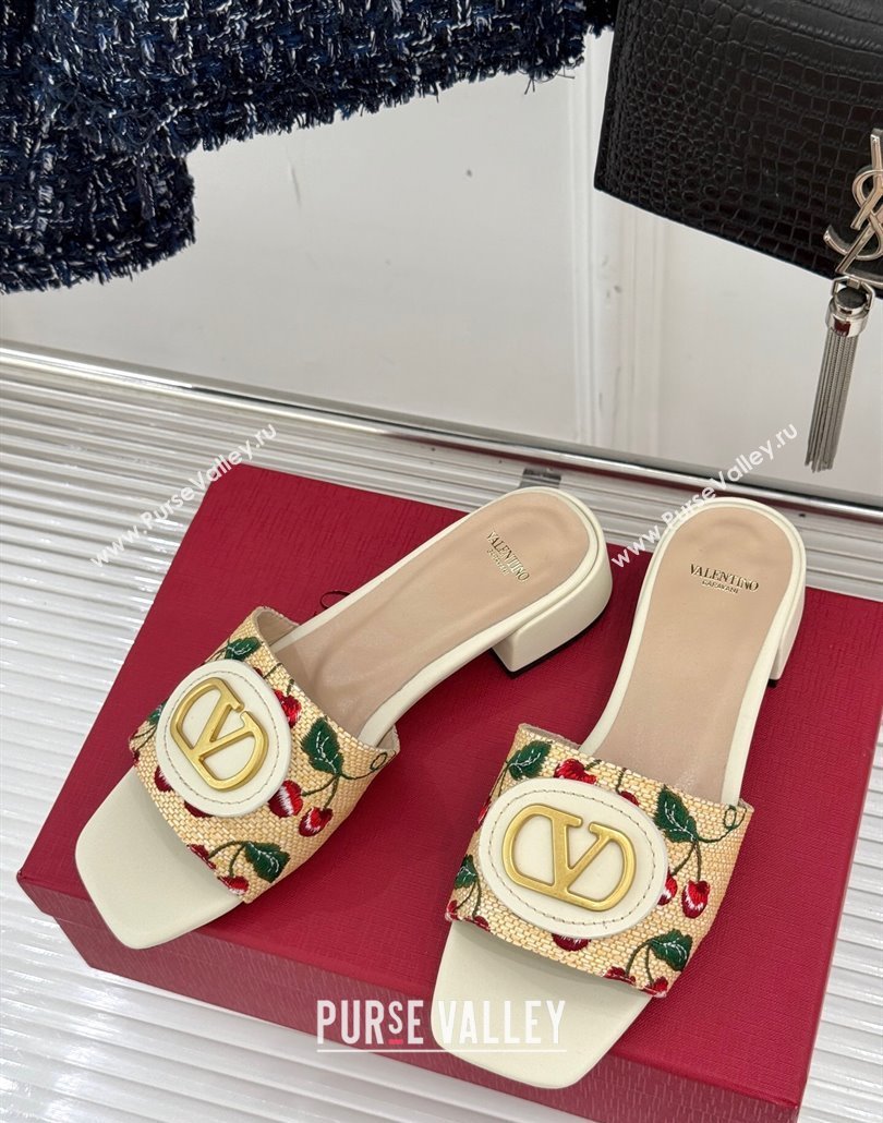 Valentino VLogo Signature Cherryfic Heel Slides Sandal 3cm in Jacquard Synthetic Raffia White 2025 (MD-250428036)