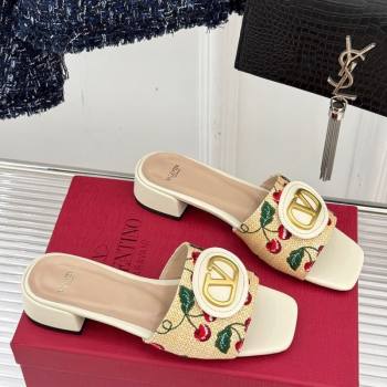 Valentino VLogo Signature Cherryfic Heel Slides Sandal 3cm in Jacquard Synthetic Raffia White 2025 (MD-250428036)
