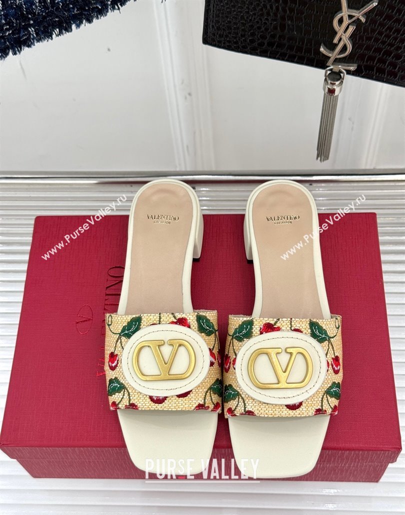 Valentino VLogo Signature Cherryfic Heel Slides Sandal 3cm in Jacquard Synthetic Raffia White 2025 (MD-250428036)