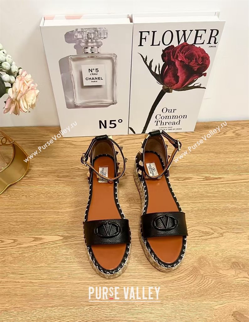 Valentino Vlogo Platform Espadrille Sandals in Grained Calfskin Black 2025 0426 (JD-250426099)