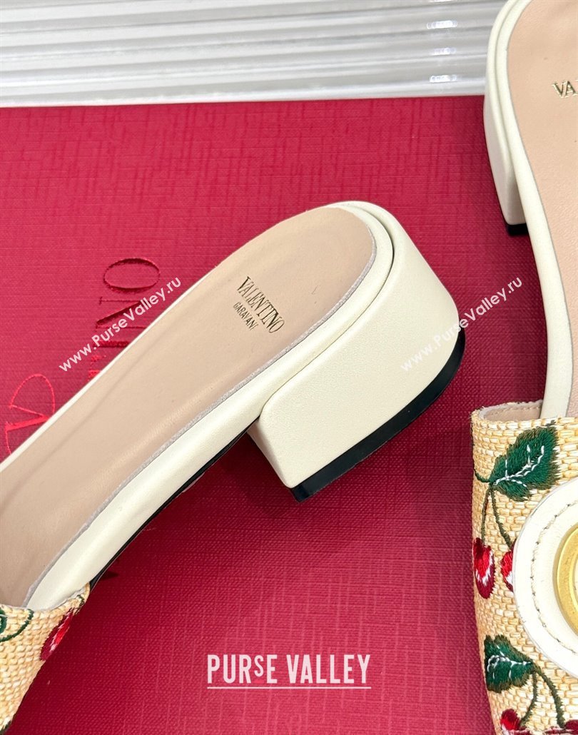 Valentino VLogo Signature Cherryfic Heel Slides Sandal 3cm in Jacquard Synthetic Raffia White 2025 (MD-250428036)