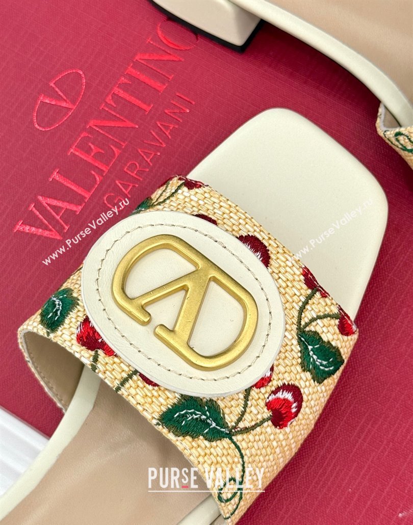 Valentino VLogo Signature Cherryfic Heel Slides Sandal 3cm in Jacquard Synthetic Raffia White 2025 (MD-250428036)