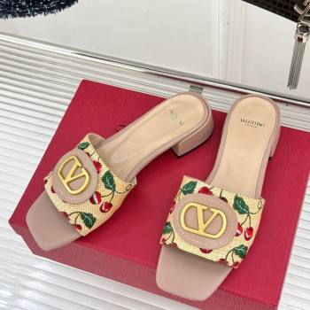 Valentino VLogo Signature Cherryfic Heel Slides Sandal 3cm in Jacquard Synthetic Raffia Dusty Pink 2025 (MD-250428037)