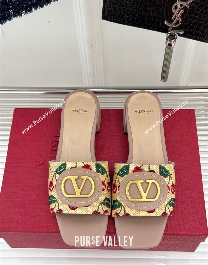 Valentino VLogo Signature Cherryfic Heel Slides Sandal 3cm in Jacquard Synthetic Raffia Dusty Pink 2025 (MD-250428037)