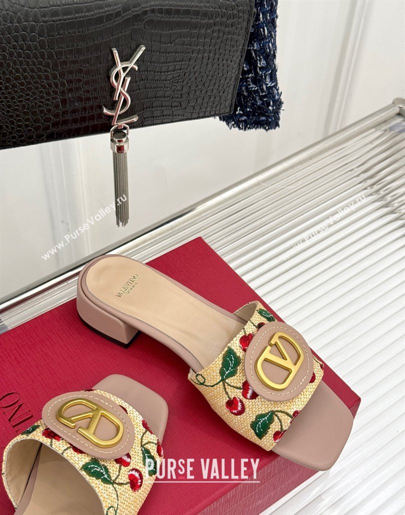 Valentino VLogo Signature Cherryfic Heel Slides Sandal 3cm in Jacquard Synthetic Raffia Dusty Pink 2025 (MD-250428037)