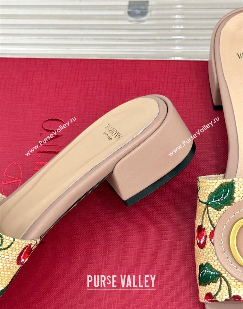 Valentino VLogo Signature Cherryfic Heel Slides Sandal 3cm in Jacquard Synthetic Raffia Dusty Pink 2025 (MD-250428037)
