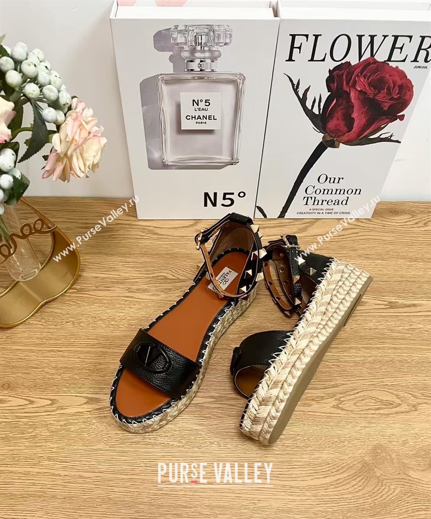 Valentino Vlogo Platform Espadrille Sandals in Grained Calfskin Black 2025 0426 (JD-250426099)