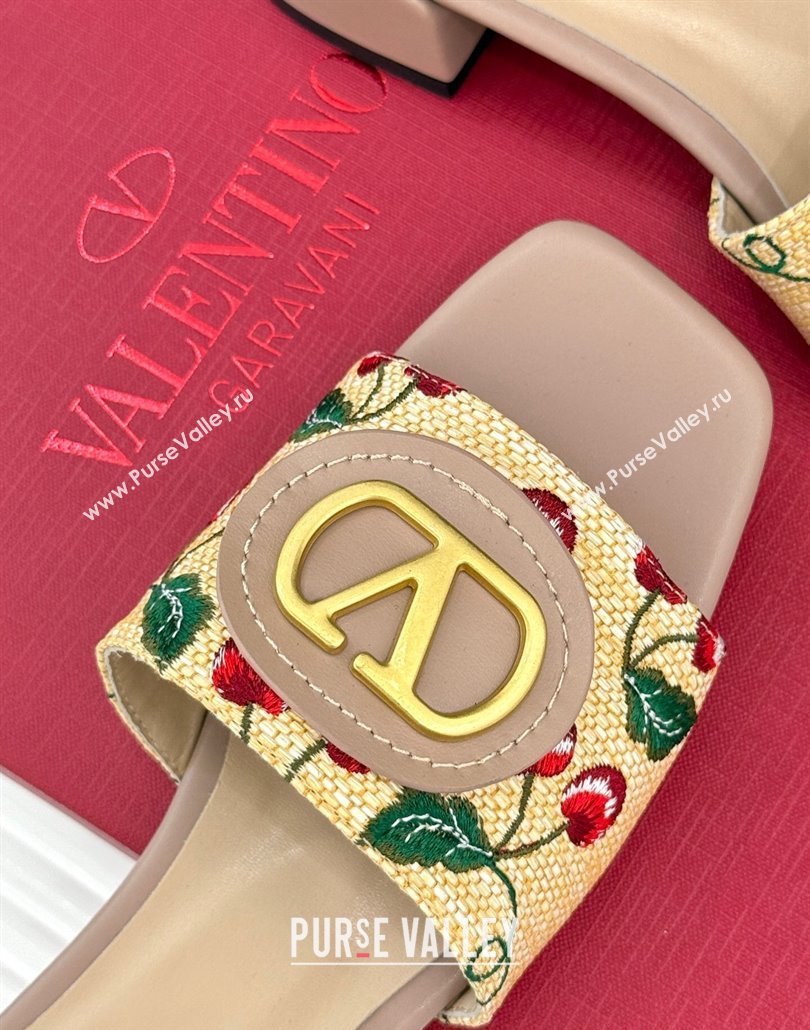 Valentino VLogo Signature Cherryfic Heel Slides Sandal 3cm in Jacquard Synthetic Raffia Dusty Pink 2025 (MD-250428037)