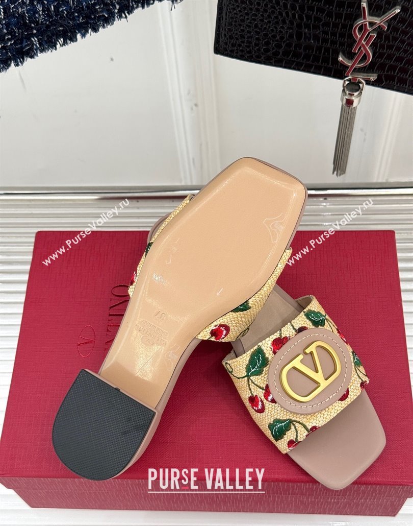 Valentino VLogo Signature Cherryfic Heel Slides Sandal 3cm in Jacquard Synthetic Raffia Dusty Pink 2025 (MD-250428037)