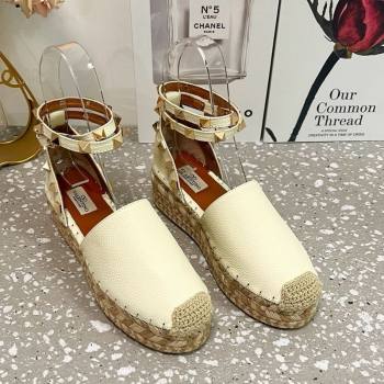 Valentino Rockstud Platform Espadrilles in Grained Calfskin with Ankle Strap White 2025 (JD-250426102)
