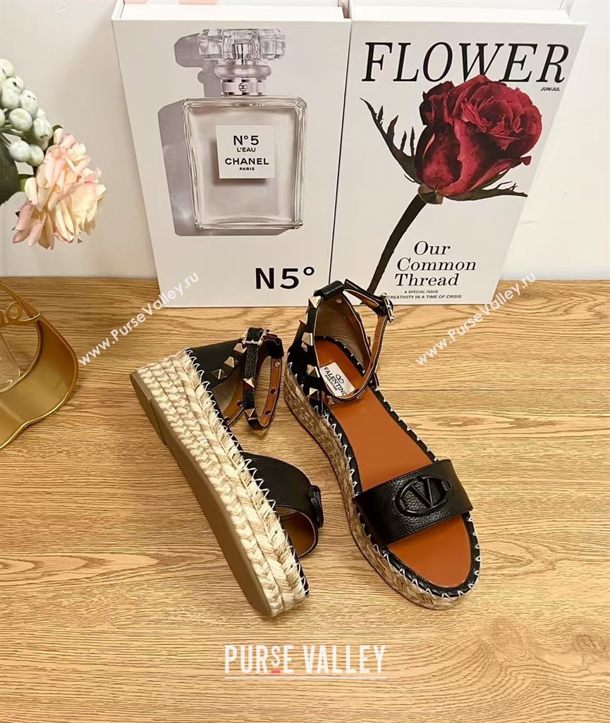 Valentino Vlogo Platform Espadrille Sandals in Grained Calfskin Black 2025 0426 (JD-250426099)