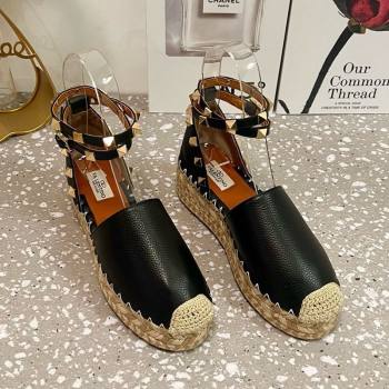 Valentino Rockstud Platform Espadrilles in Grained Calfskin with Ankle Strap Black 2025 (JD-250426103)