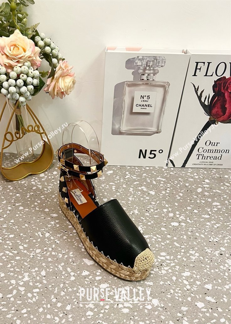 Valentino Rockstud Platform Espadrilles in Grained Calfskin with Ankle Strap Black 2025 (JD-250426103)