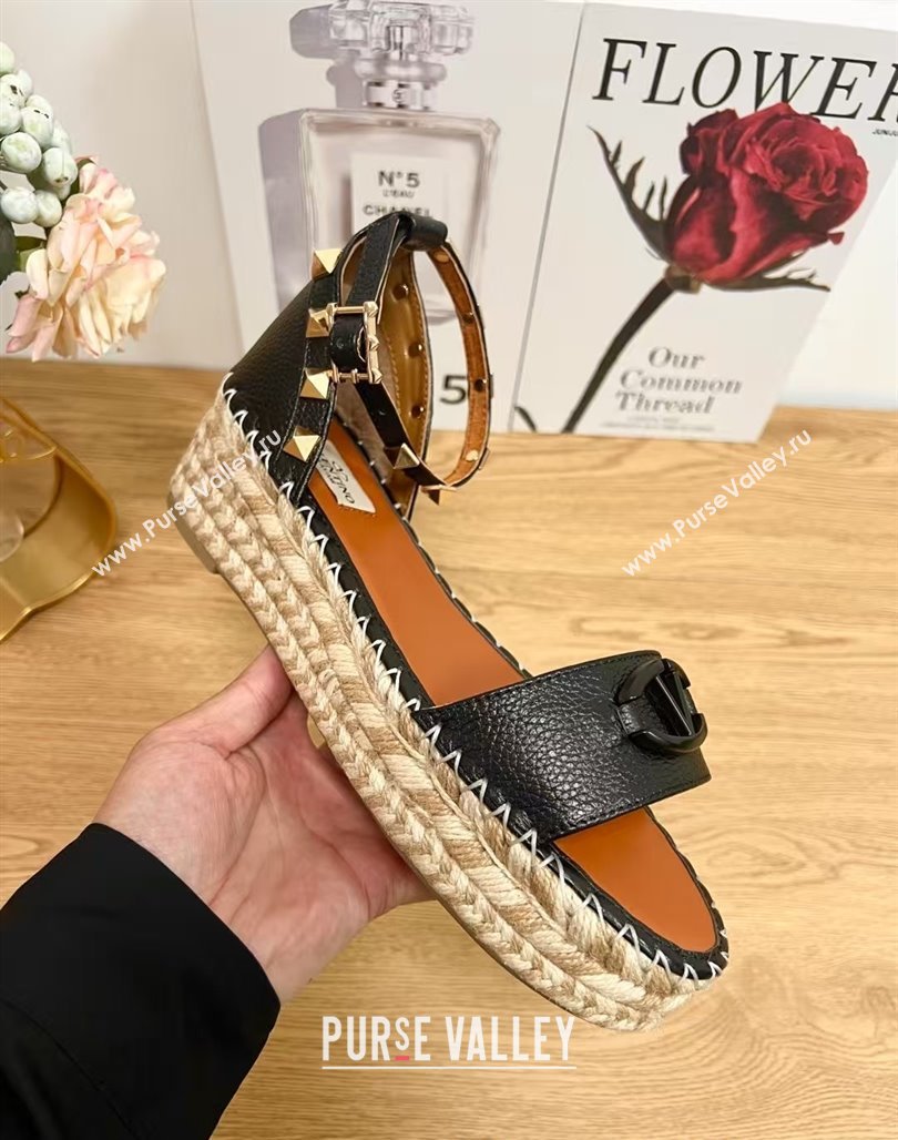 Valentino Vlogo Platform Espadrille Sandals in Grained Calfskin Black 2025 0426 (JD-250426099)