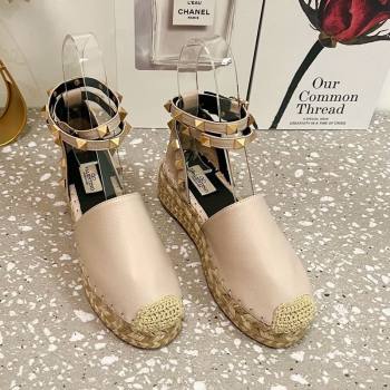 Valentino Rockstud Platform Espadrilles in Grained Calfskin with Ankle Strap Dusty Pink 2025 (JD-250426104)
