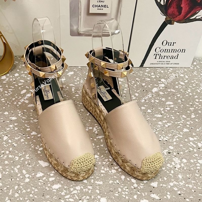 Valentino Rockstud Platform Espadrilles in Grained Calfskin with Ankle Strap Dusty Pink 2025 (JD-250426104)