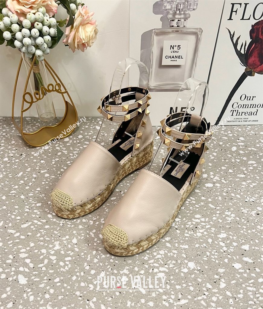 Valentino Rockstud Platform Espadrilles in Grained Calfskin with Ankle Strap Dusty Pink 2025 (JD-250426104)