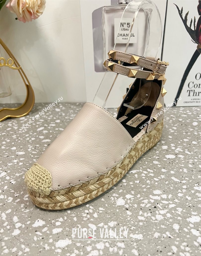 Valentino Rockstud Platform Espadrilles in Grained Calfskin with Ankle Strap Dusty Pink 2025 (JD-250426104)