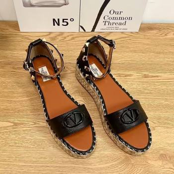 Valentino Vlogo Platform Espadrille Sandals in Grained Calfskin Black 2025 0426 (JD-250426099)