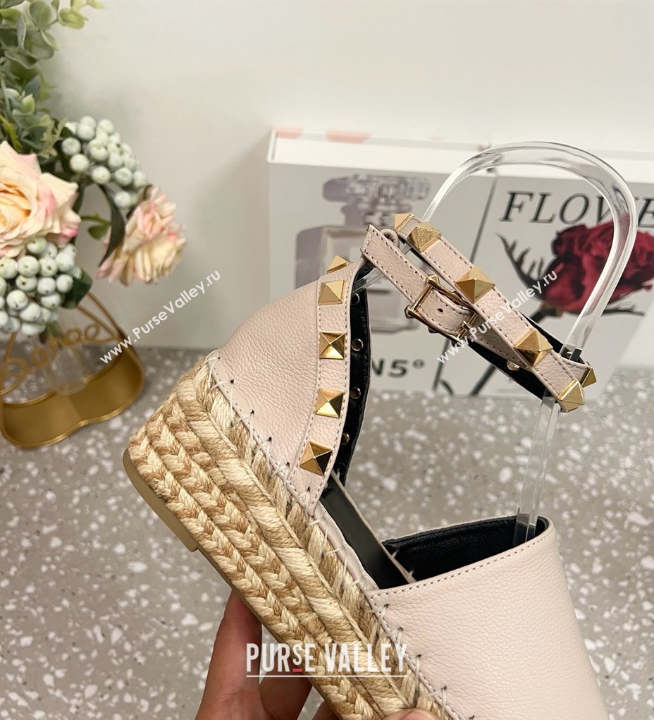 Valentino Rockstud Platform Espadrilles in Grained Calfskin with Ankle Strap Dusty Pink 2025 (JD-250426104)