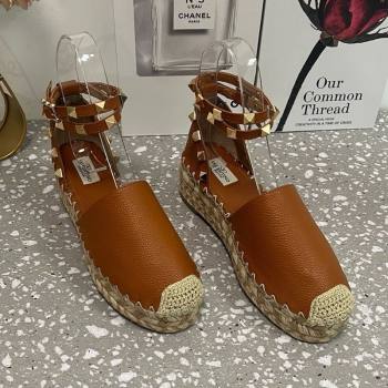 Valentino Rockstud Platform Espadrilles in Grained Calfskin with Ankle Strap Brown 2025 (JD-250426105)